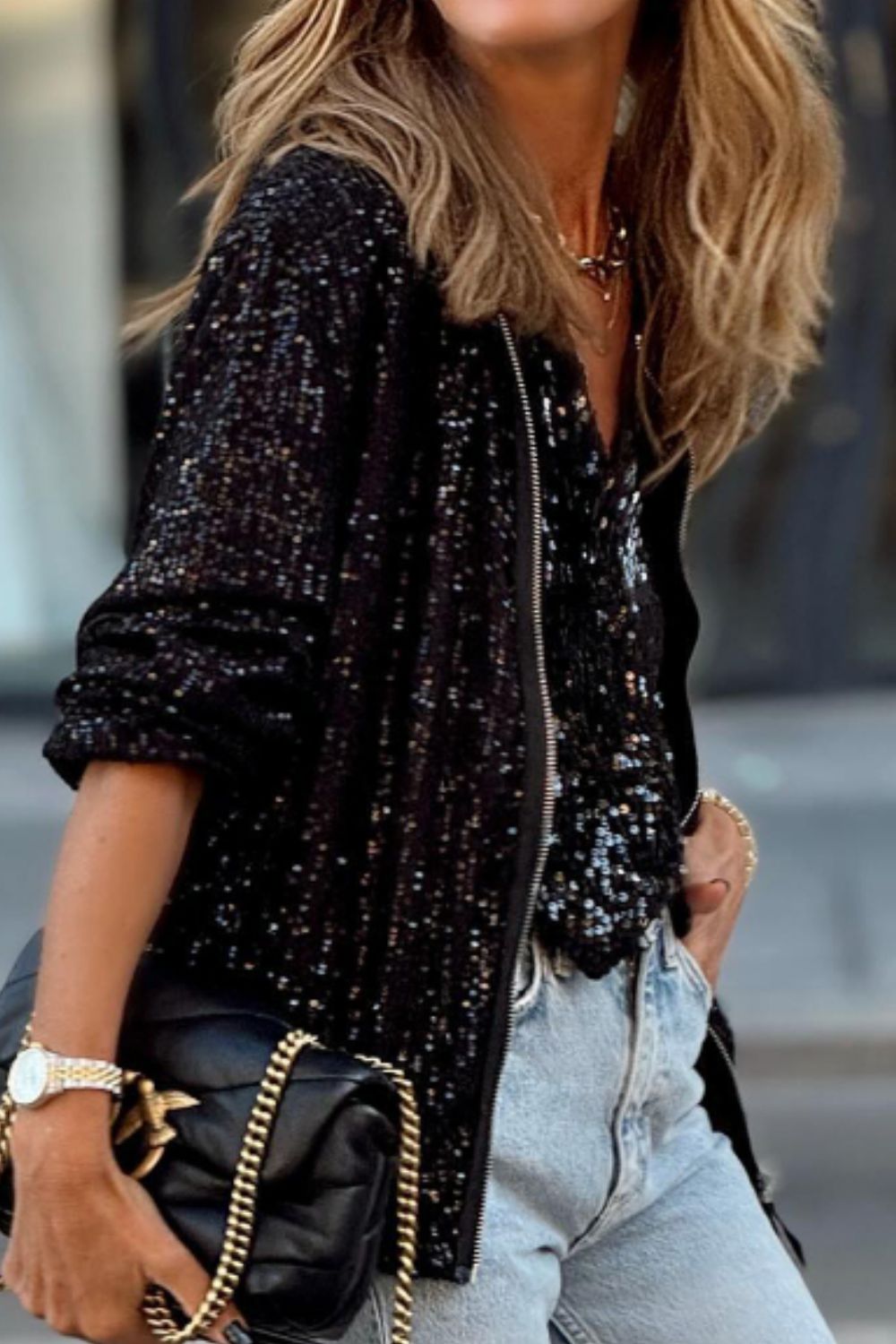 Sequin Zip Up Long Sleeve Jacket - Damned Threads
